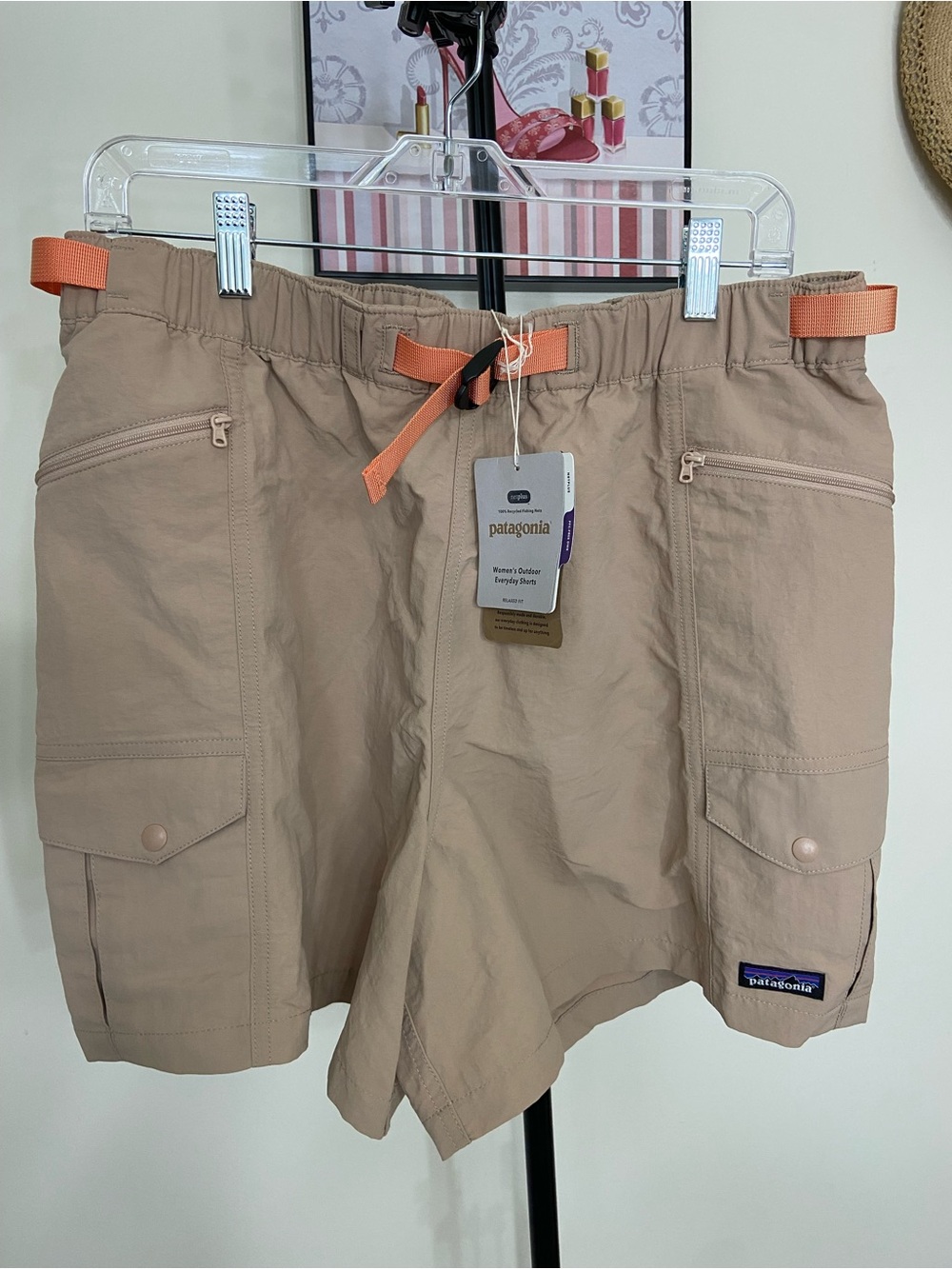 Patagonia Tan Cargo Shorts with Orange Webbing Belt